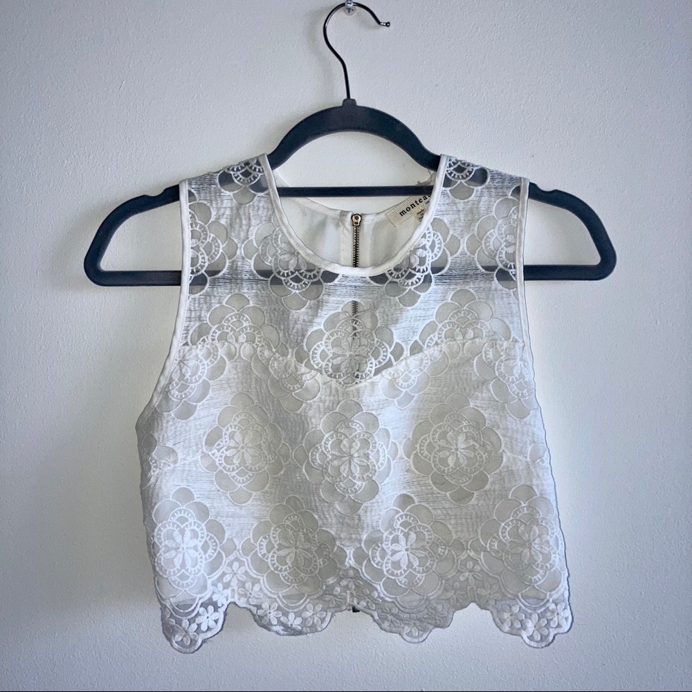 White Ivory Lace Macrame Sheer Zip Up Crop Top